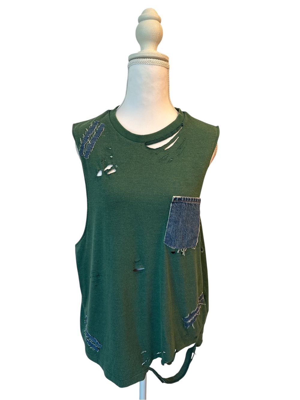 Green Distressed Sleeveless Tank with Denim Pocket